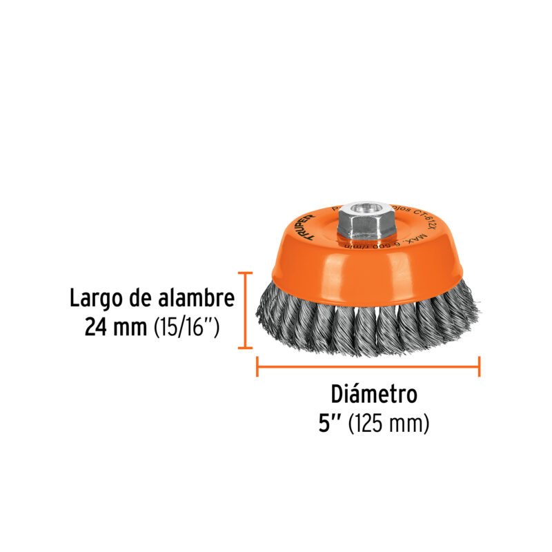 CT-612XFC2.jpg Código: 11542 Carda copa 5' alambre trenzado grueso, eje 5/8'-11, Truper CT-612X