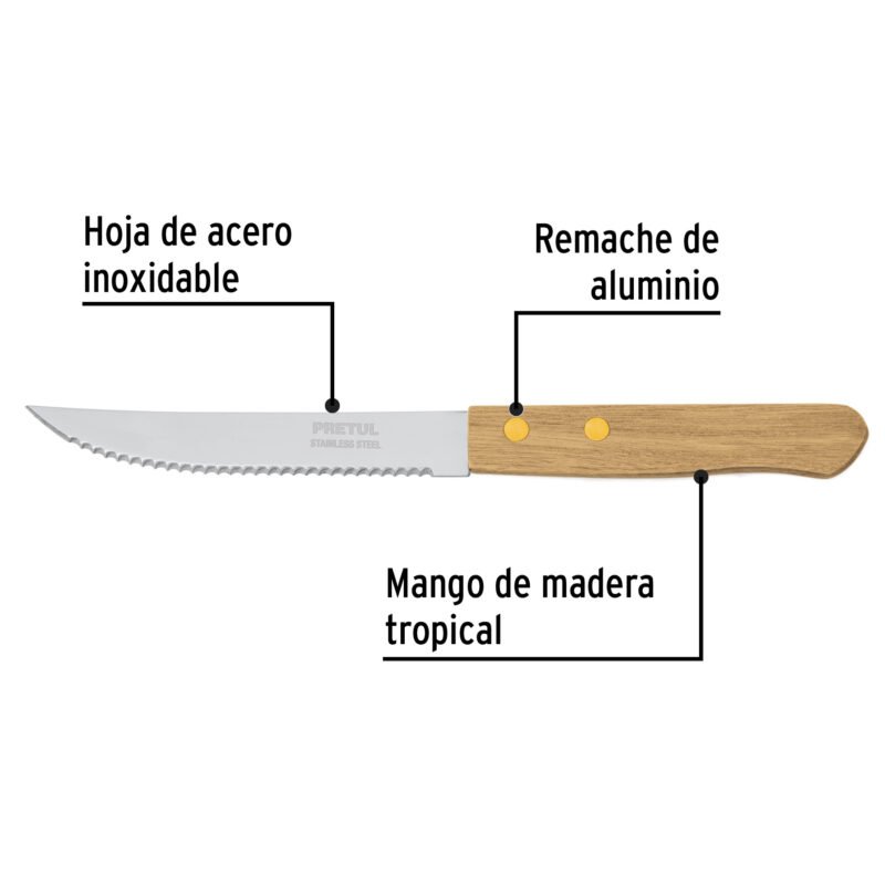 Código: 23083 Cuchillo con sierra para asado 5' mango de madera, Pretul CUCH-M52