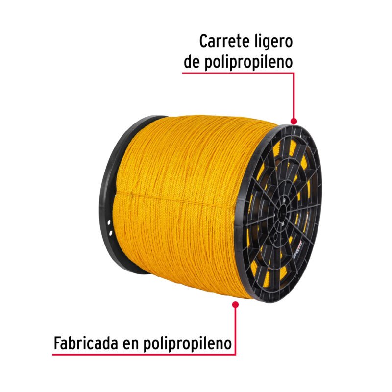 CUE-04MFC1.jpg Código: 40174 Metro de cuerda amarilla de polipropileno 4mm, carrete 2380m CUE-04M