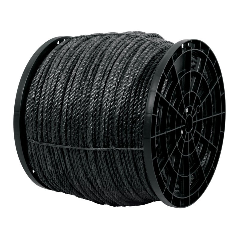 CUE-11NK.jpg Código: 40766 Kilo de cuerda negra de polipropileno 11 mm, carrete 20kg CUE-11NK