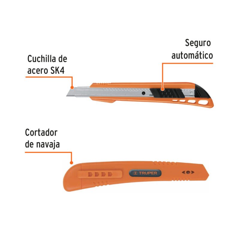 CUT-5FC1.jpg Código: 16968 Cutter 9 mm reforzado de plástico con alma metálica, Truper CUT-5