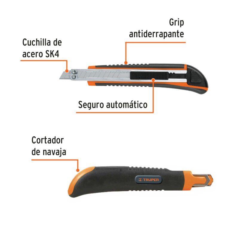 Código: 16971 Cutter 9 mm profesional con alma metálica y grip, Truper CUT-5X