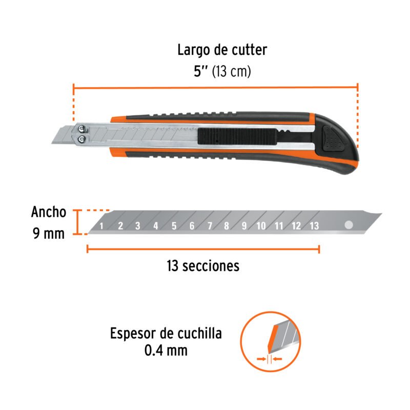 Código: 16971 Cutter 9 mm profesional con alma metálica y grip, Truper CUT-5X