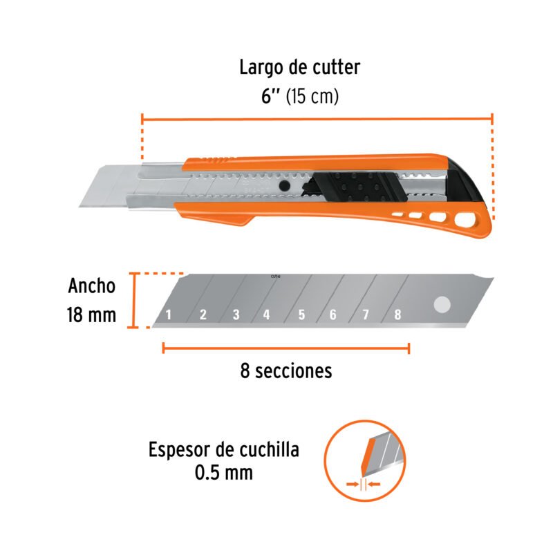CUT-6FC2.jpg Código: 16974 Cutter 18 mm reforzado de plástico con alma metálica, Truper CUT-6