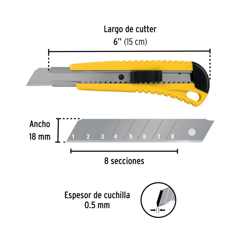 CUT-6PFC2.jpg Código: 22396 Cutter 18 mm plástico con alma metálica, Pretul CUT-6P