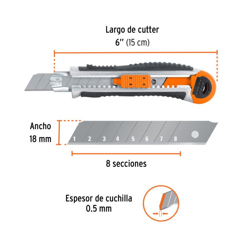 CUT-6XXFC2.jpg Código: 16976 Cutter 18 mm trabajo pesado c/alma metálica y grip, Expert CUT-6XX