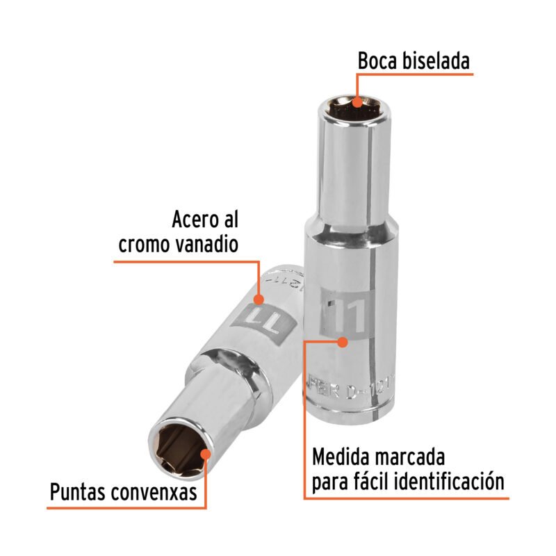 D-1211-MLFC1.jpg Código: 13351 Dado largo de 11 mm, 6 puntas, cuadro 1/2', Truper D-1211-ML