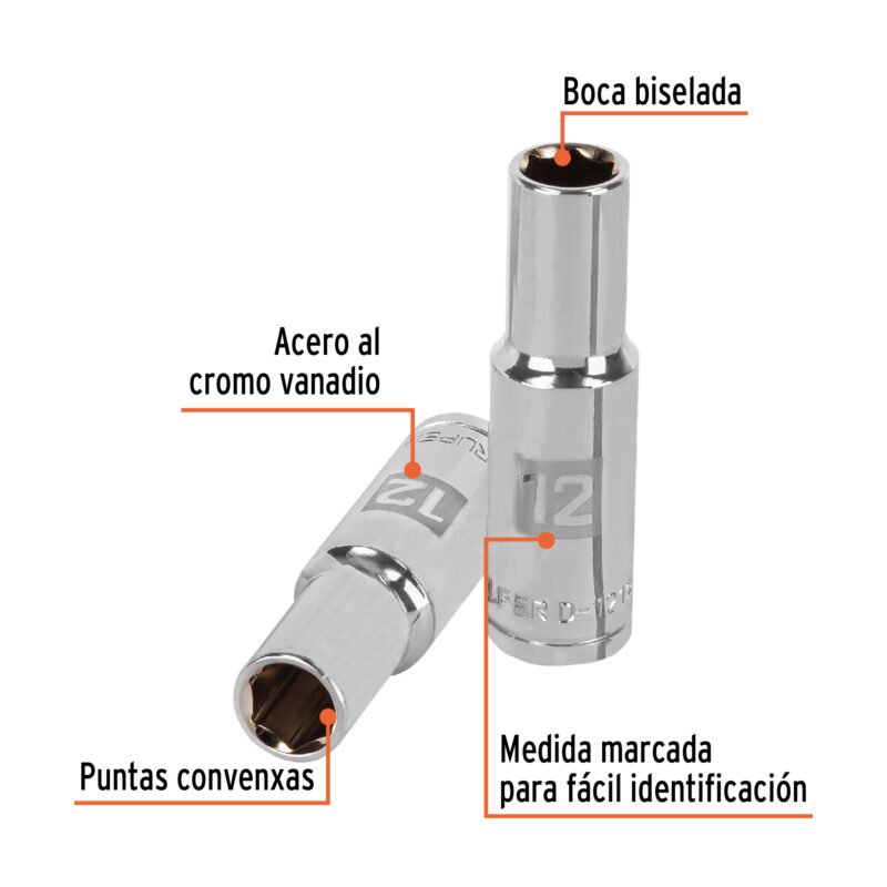 Código: 13352 Dado largo de 12 mm, 6 puntas, cuadro 1/2', Truper D-1212-ML