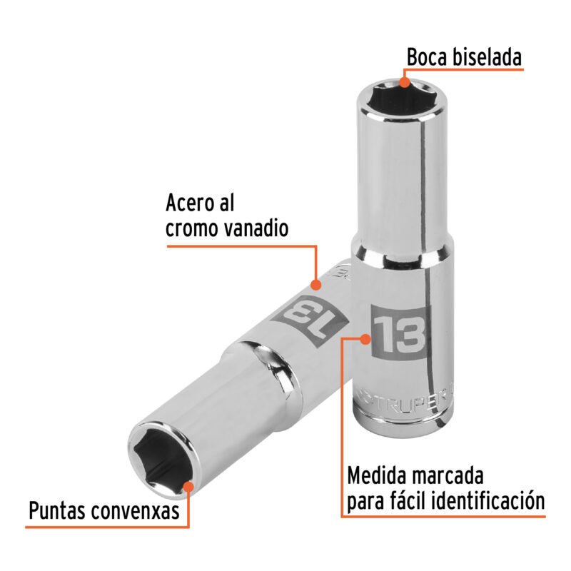 D-1213-MLFC1.jpg Código: 13353 Dado largo de 13 mm, 6 puntas, cuadro 1/2', Truper D-1213-ML