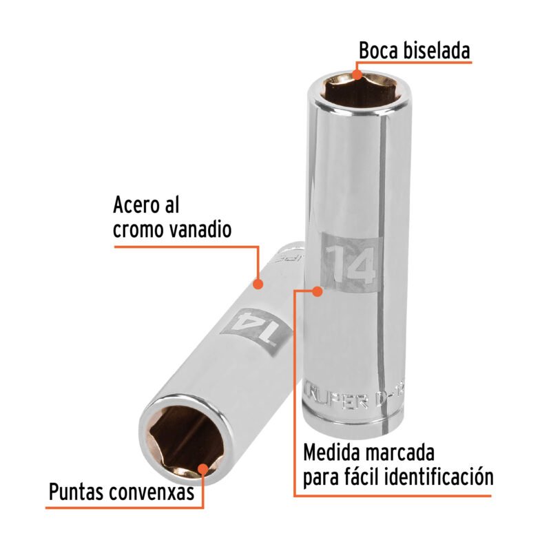 D-1214-MLFC1.jpg Código: 13354 Dado largo de 14 mm, 6 puntas, cuadro 1/2', Truper D-1214-ML