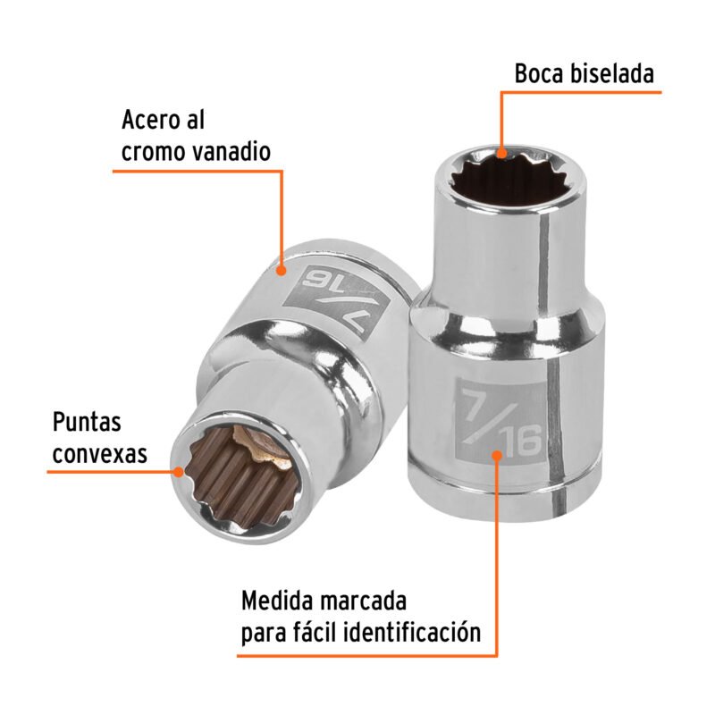 D-1214FC1.jpg Código: 13301 Dado de 7/16', 12 puntas, cuadro 1/2', Truper D-1214