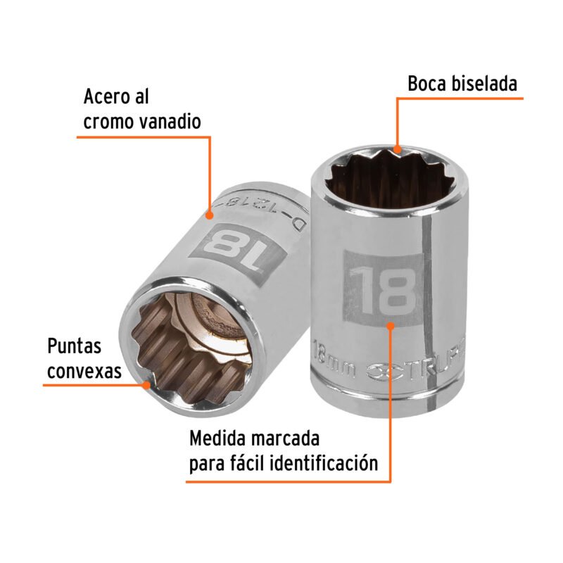 Código: 13532 Dado de 18 mm, 12 puntas, cuadro 1/2', Truper D-1218-EM