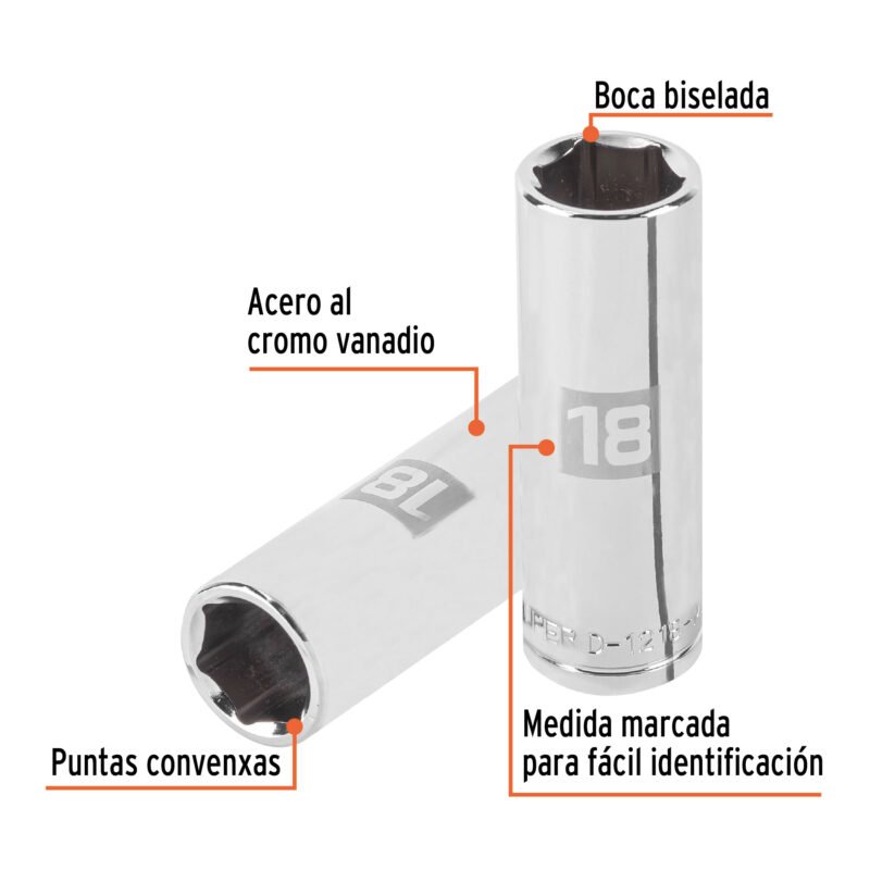 D-1218-MLFC1.jpg Código: 13358 Dado largo de 18 mm, 6 puntas, cuadro 1/2', Truper D-1218-ML