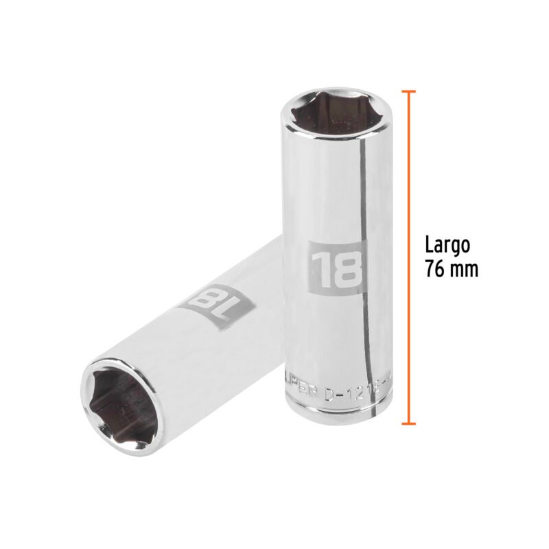 D-1218-MLFC2.jpg Código: 13358 Dado largo de 18 mm, 6 puntas, cuadro 1/2', Truper D-1218-ML