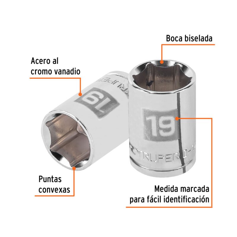 Código: 13269 Dado de 19 mm, 6 puntas, cuadro 1/2', Truper D-1219-M