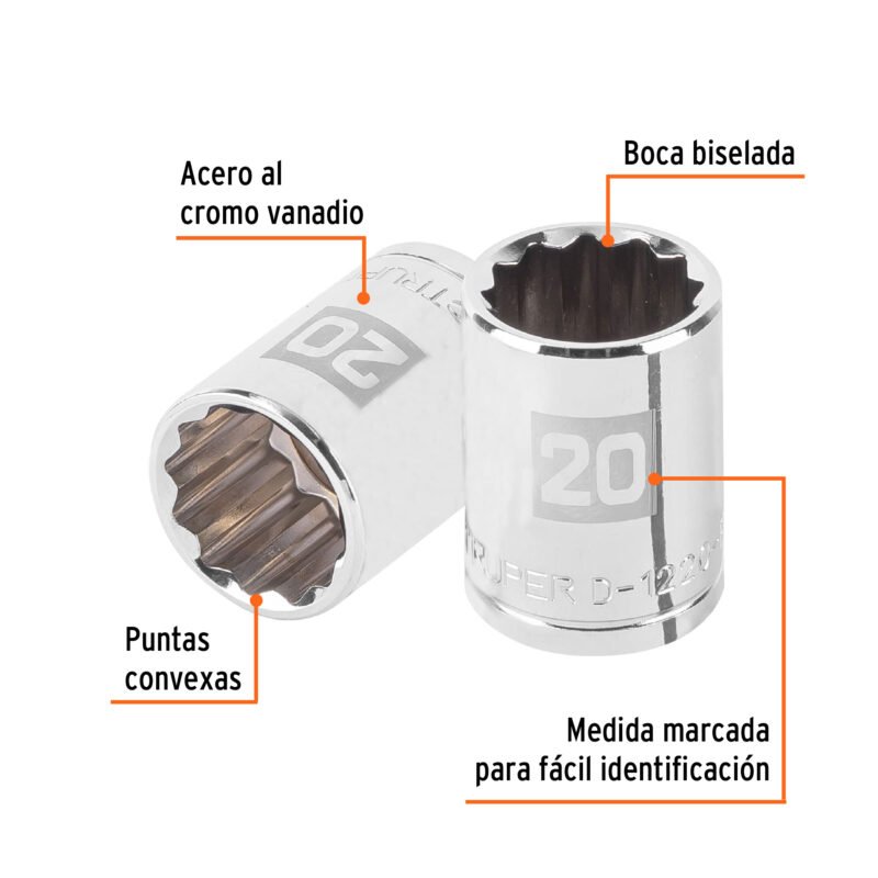 Código: 13534 Dado de 20 mm, 12 puntas, cuadro 1/2', Truper D-1220-EM