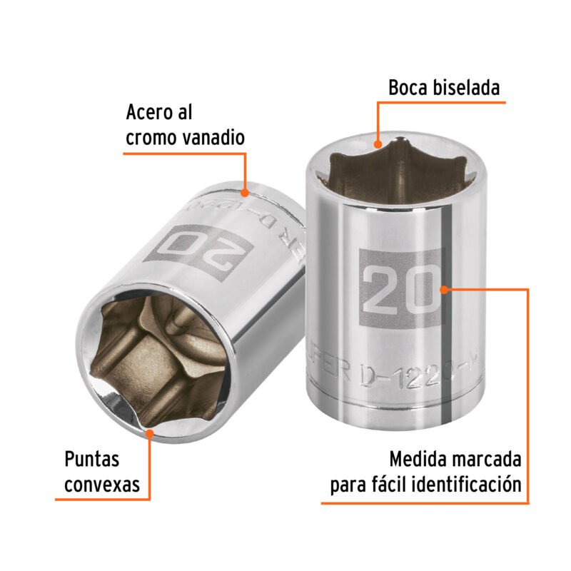 Código: 13270 Dado de 20 mm, 6 puntas, cuadro 1/2', Truper D-1220-M