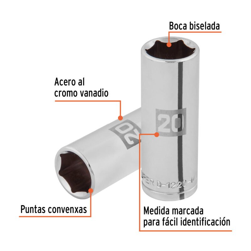 D-1220-MLFC1.jpg Código: 101008 Dado largo de 20 mm, 6 puntas, cuadro 1/2', Truper D-1220-ML