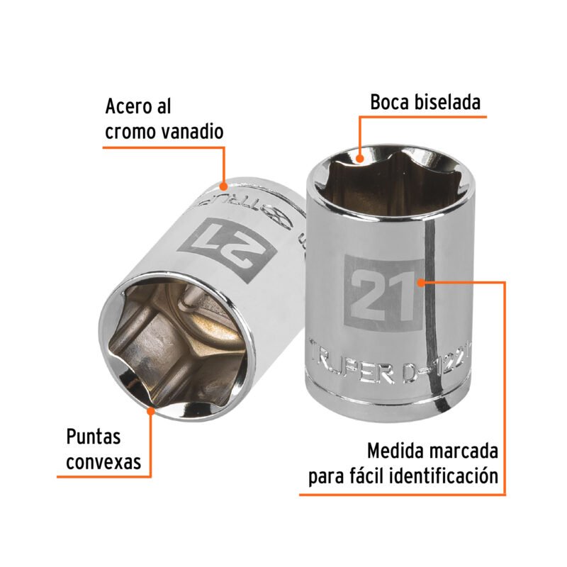D-1221-MFC1.jpg Código: 13271 Dado de 21 mm, 6 puntas, cuadro 1/2', Truper D-1221-M
