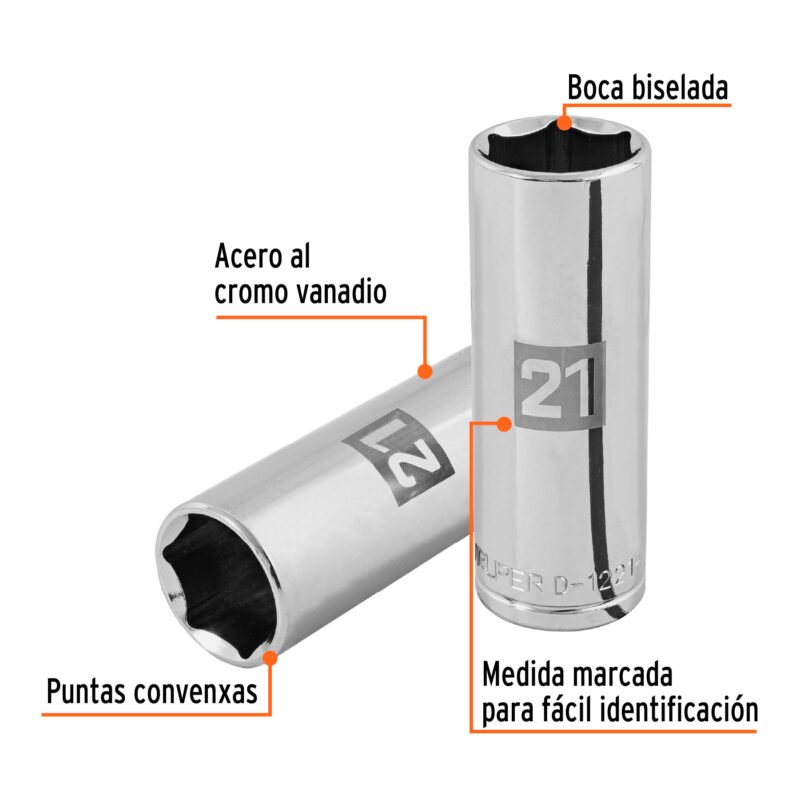 D-1221-MLFC1.jpg Código: 101009 Dado largo de 21 mm, 6 puntas, cuadro 1/2', Truper D-1221-ML