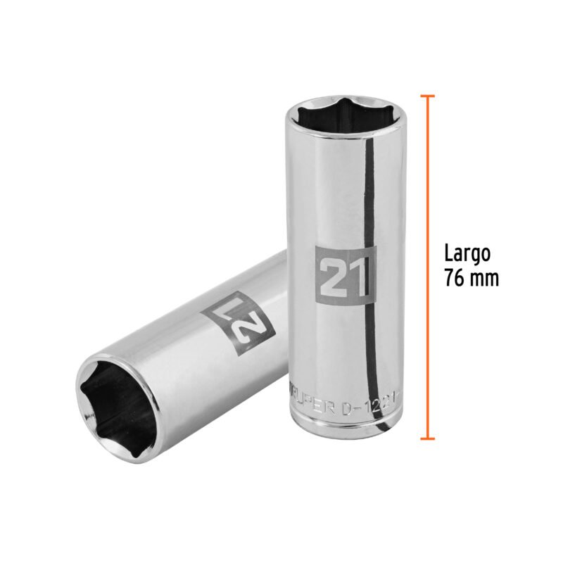 D-1221-MLFC2.jpg Código: 101009 Dado largo de 21 mm, 6 puntas, cuadro 1/2', Truper D-1221-ML