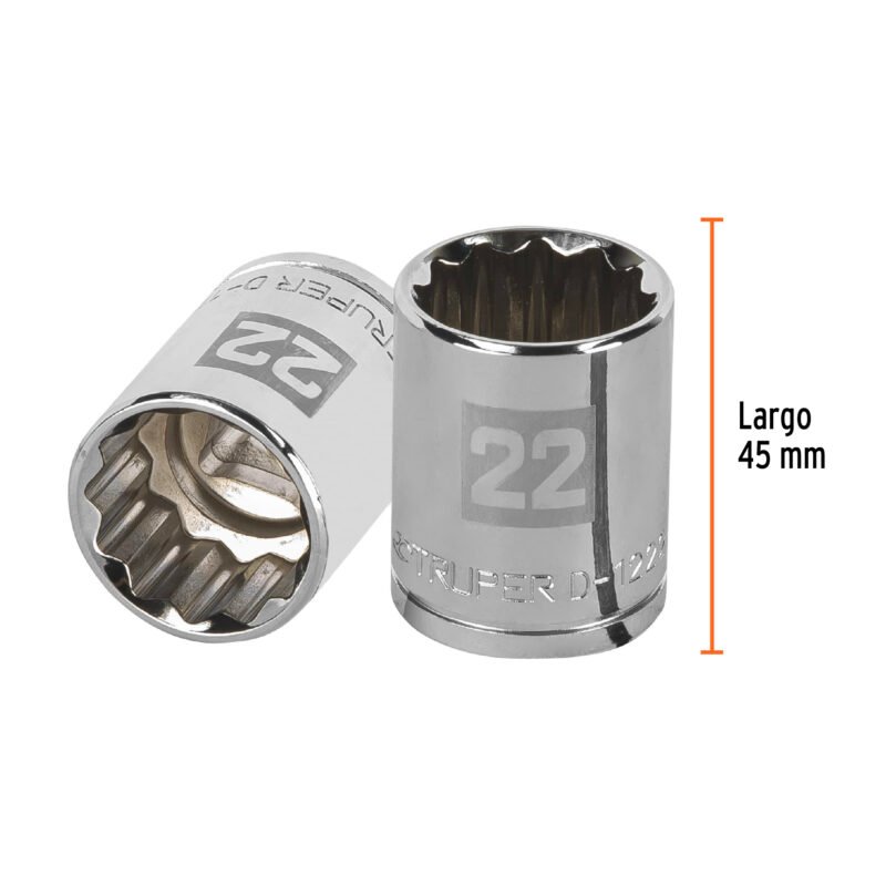 Código: 13536 Dado de 22 mm, 12 puntas, cuadro 1/2', Truper D-1222-EM