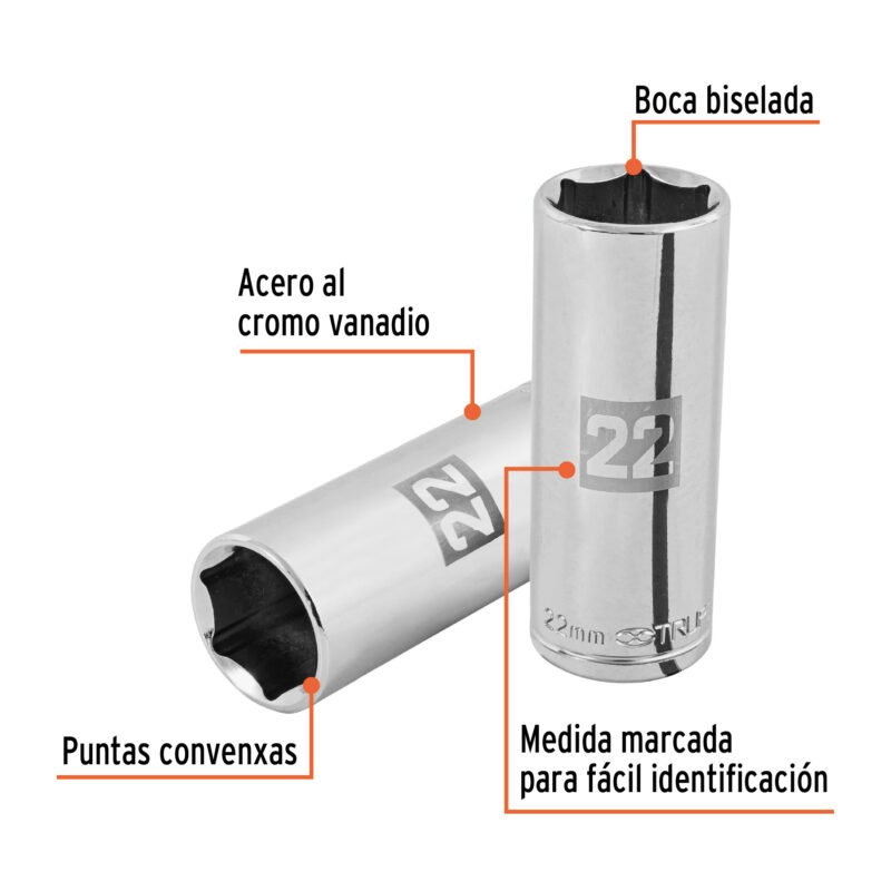 D-1222-MLFC1.jpg Código: 101010 Dado largo de 22 mm, 6 puntas, cuadro 1/2', Truper D-1222-ML