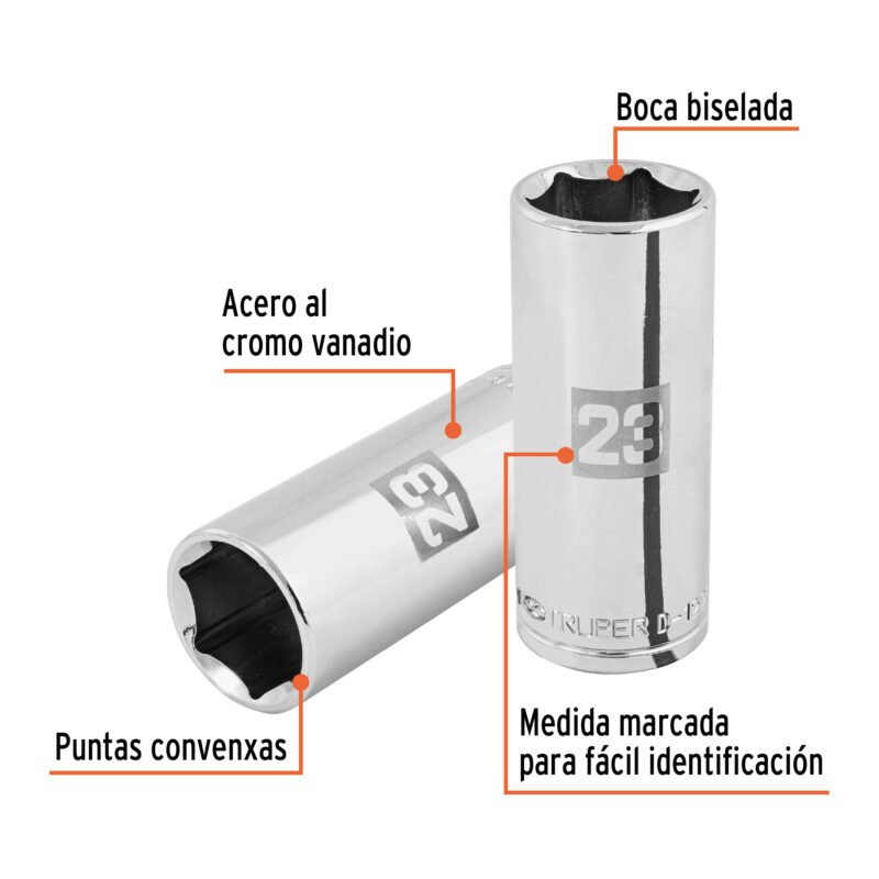 D-1223-MLFC1.jpg Código: 101011 Dado largo de 23 mm, 6 puntas, cuadro 1/2', Truper D-1223-ML