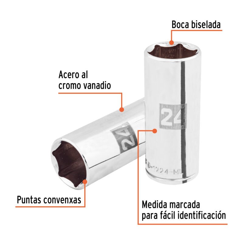 D-1224-MLFC1.jpg Código: 101012 Dado largo de 24 mm, 6 puntas, cuadro 1/2', Truper D-1224-ML