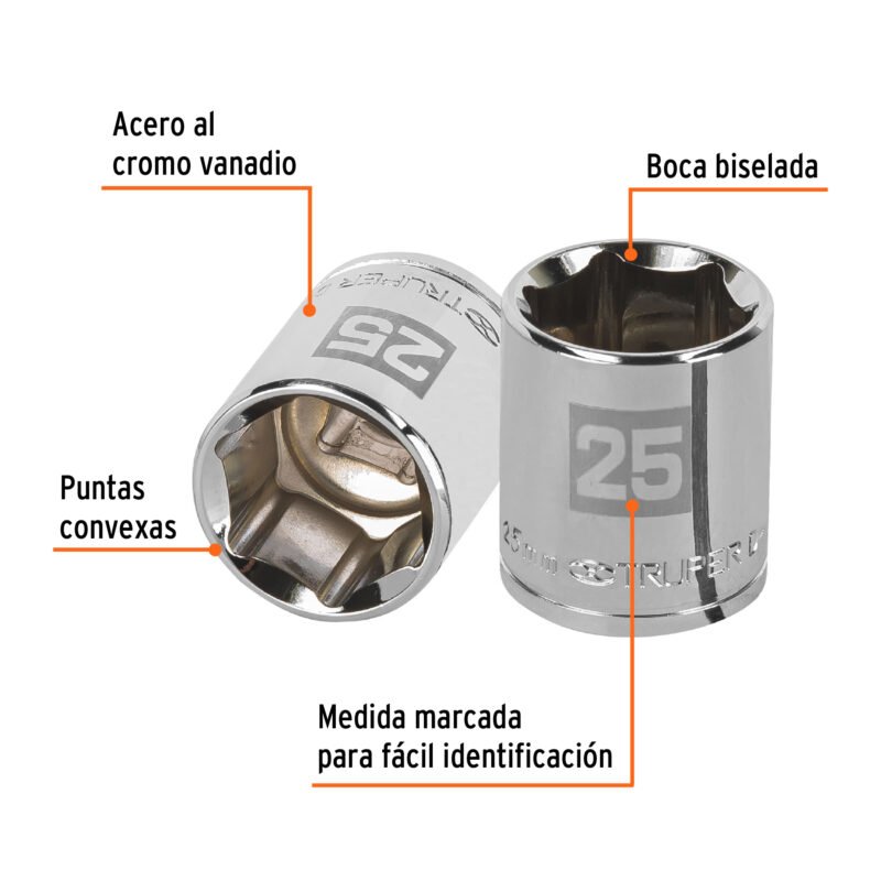 D-1225-MFC1.jpg Código: 13275 Dado de 25 mm, 6 puntas, cuadro 1/2', Truper D-1225-M
