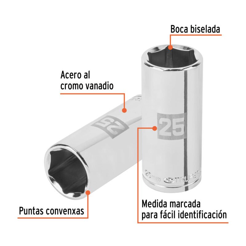 D-1225-MLFC1.jpg Código: 101013 Dado largo de 25 mm, 6 puntas, cuadro 1/2', Truper D-1225-ML