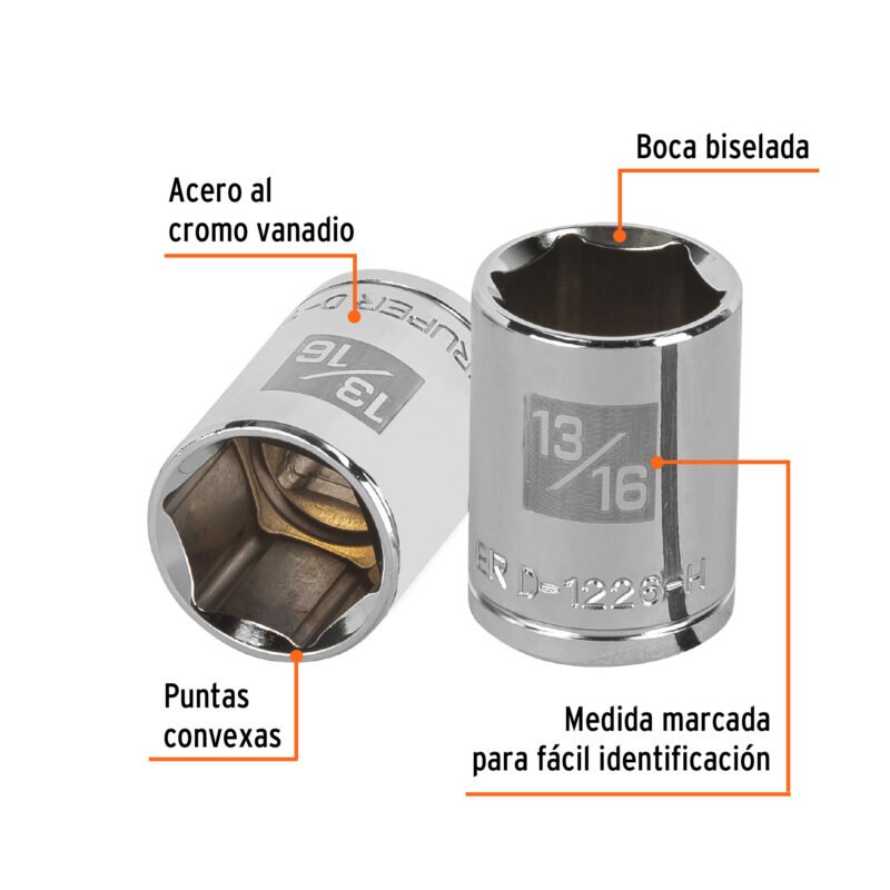 Código: 13237 Dado de 13/16', 6 puntas, cuadro 1/2', Truper D-1226-H