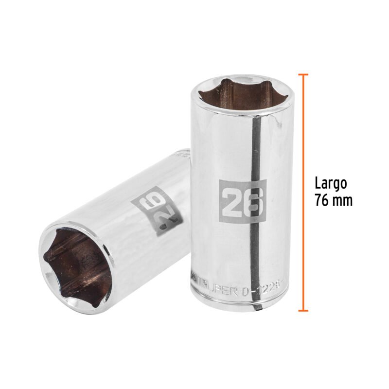 D-1226-MLFC2.jpg Código: 101014 Dado largo de 26 mm, 6 puntas, cuadro 1/2', Truper D-1226-ML