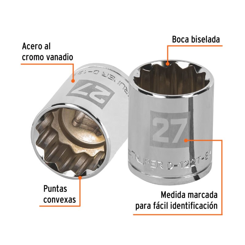 Código: 13541 Dado de 27 mm, 12 puntas, cuadro 1/2', Truper D-1227-EM