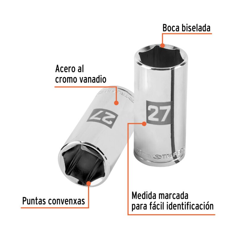 D-1227-MLFC1.jpg Código: 101015 Dado largo de 27 mm, 6 puntas, cuadro 1/2', Truper D-1227-ML