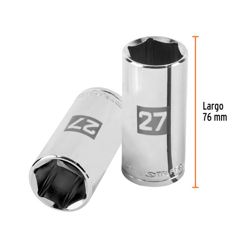 D-1227-MLFC2.jpg Código: 101015 Dado largo de 27 mm, 6 puntas, cuadro 1/2', Truper D-1227-ML