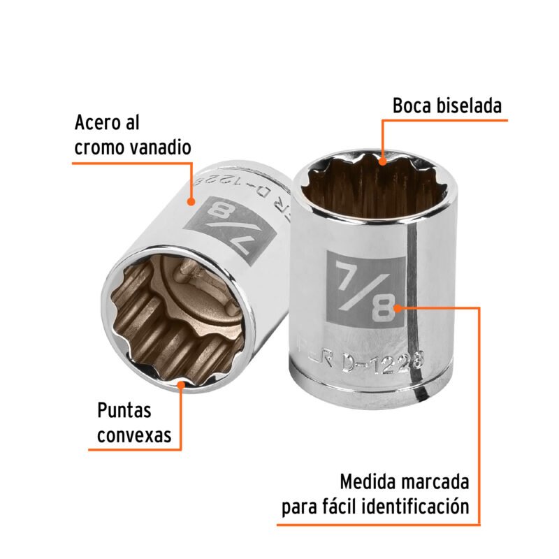 D-1228FC1.jpg Código: 13308 Dado de 7/8', 12 puntas, cuadro 1/2', Truper D-1228