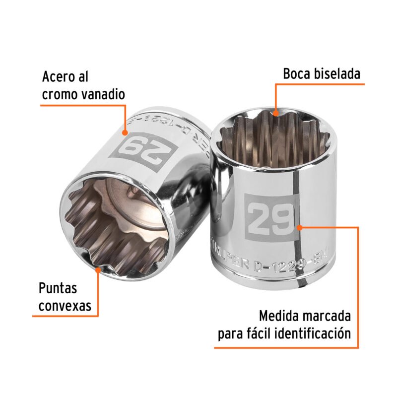 Código: 13543 Dado de 29 mm, 12 puntas, cuadro 1/2', Truper D-1229-EM