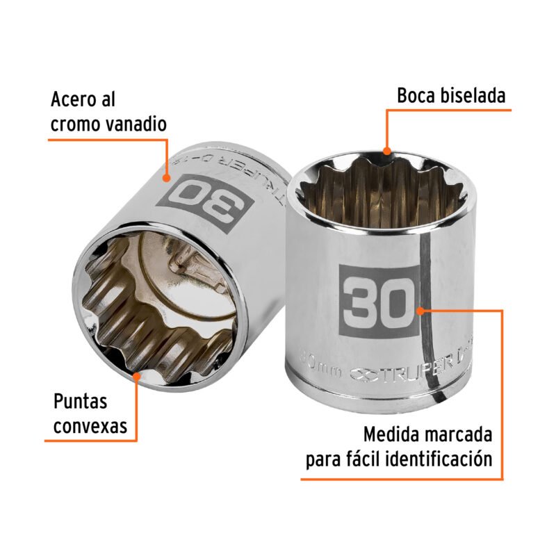 Código: 13544 Dado de 30 mm, 12 puntas, cuadro 1/2', Truper D-1230-EM