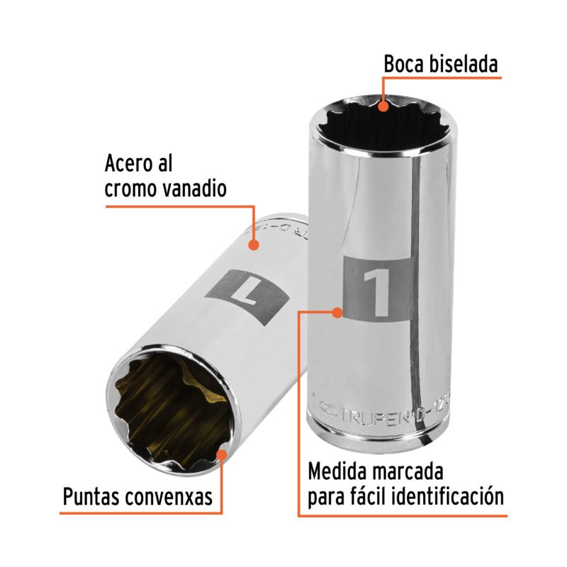 Código: 13370 Dado largo de 1', 12 puntas, cuadro 1/2', Truper D-1232-EL