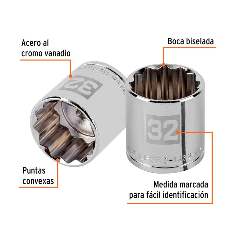 D-1232-EMFC1.jpg Código: 13545 Dado de 32 mm, 12 puntas, cuadro 1/2', Truper D-1232-EM