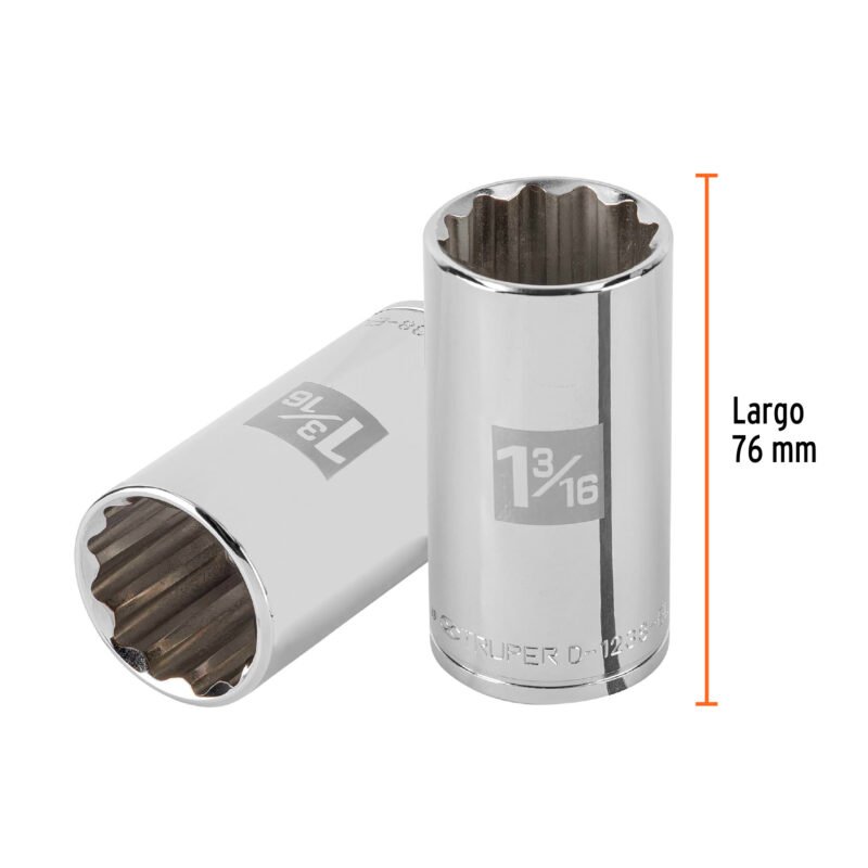 Código: 101004 Dado largo de 1-3/16' 12 puntas, cuadro 1/2', Truper D-1238-EL