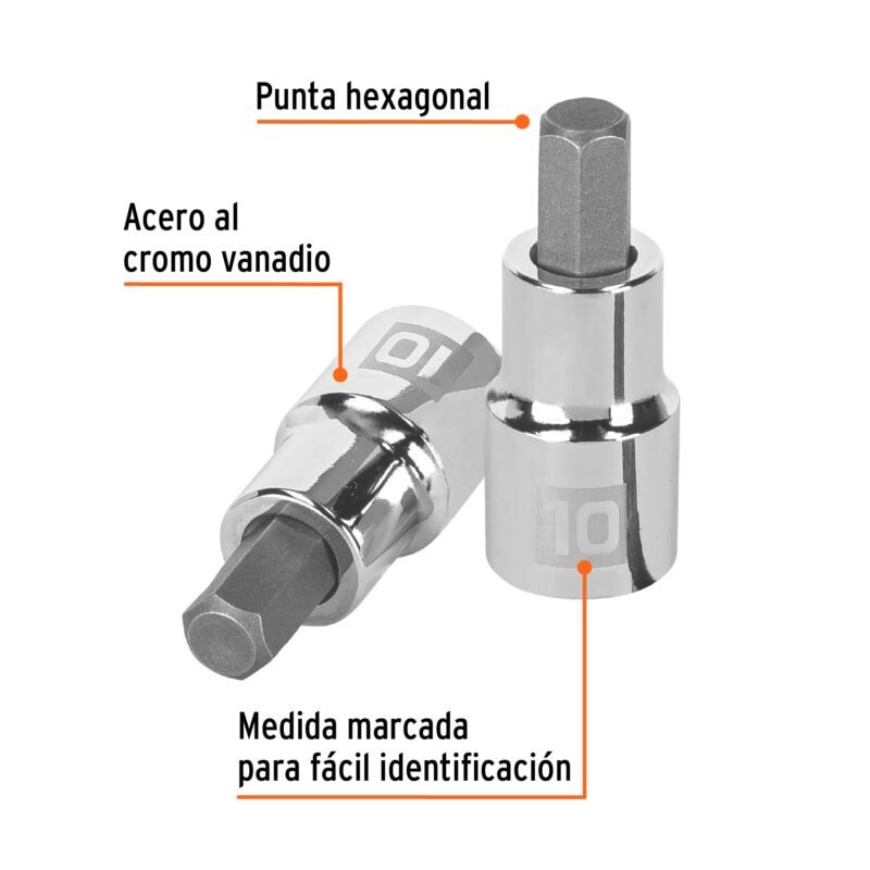 D-1241-10MFC1.jpg Código: 13283 Dado punta hexagonal de 10 mm, cuadro 1/2', Truper D-1241-10M