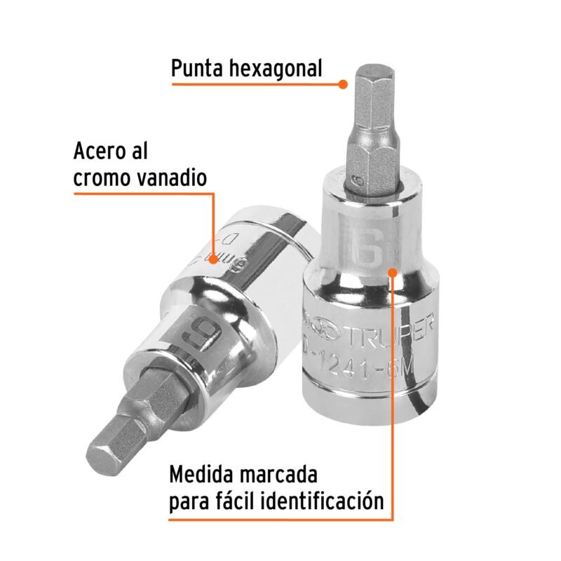 D-1241-6MFC1.jpg Código: 13281 Dado punta hexagonal de 6 mm, cuadro 1/2', Truper D-1241-6M