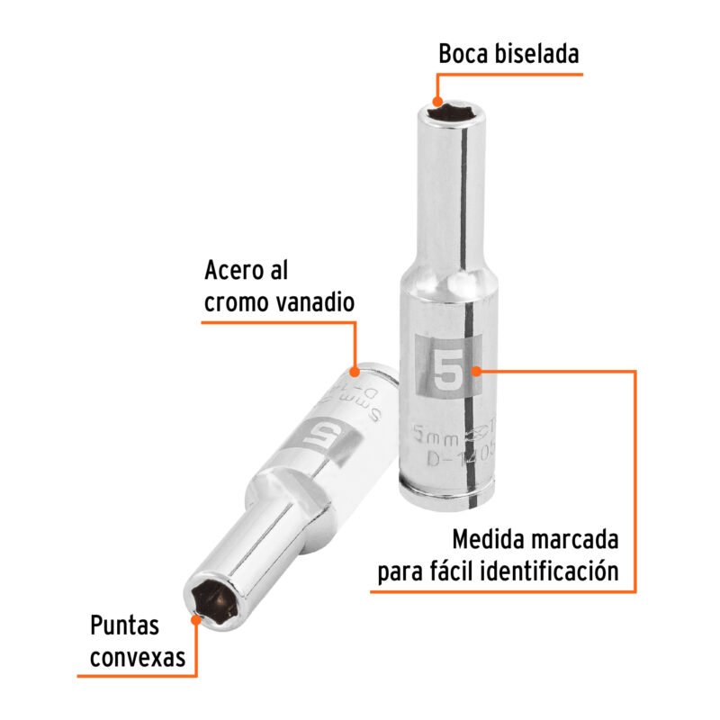 D-1405-LMFC1.jpg Código: 100969 Dado largo de 5 mm, 6 puntas, cuadro 1/4', Truper D-1405-LM