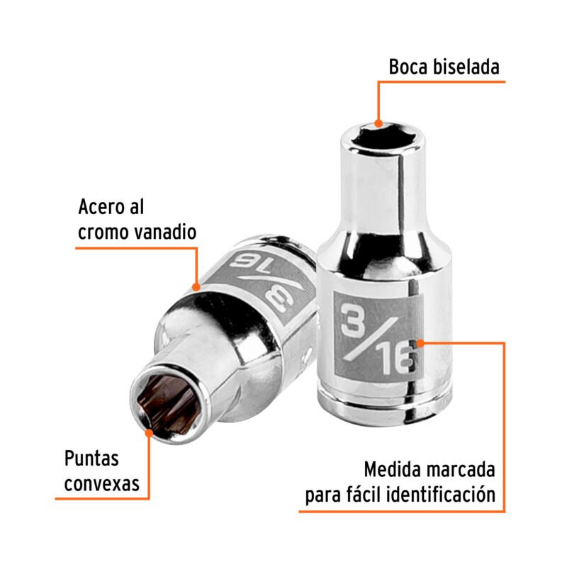 D-1406FC1.jpg Código: 13154 Dado de 3/16', 6 puntas, cuadro 1/4', Truper D-1406