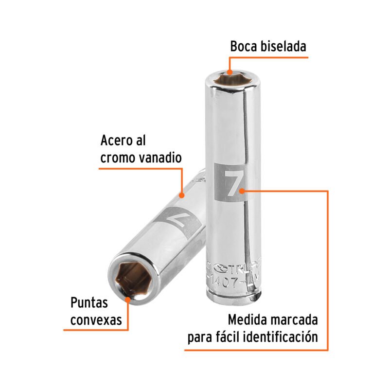 D-1407-LMFC1.jpg Código: 13201 Dado largo de 7 mm, 6 puntas, cuadro 1/4', Truper D-1407-LM