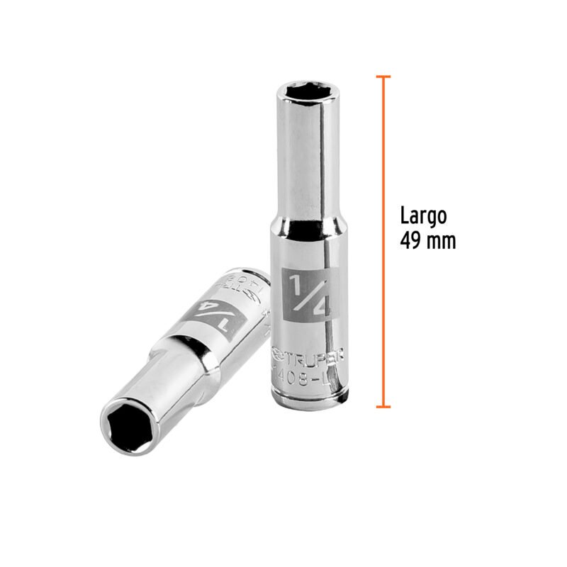 D-1408-LFC2.jpg Código: 13182 Dado largo de 1/4', 6 puntas, cuadro 1/4', Truper D-1408-L