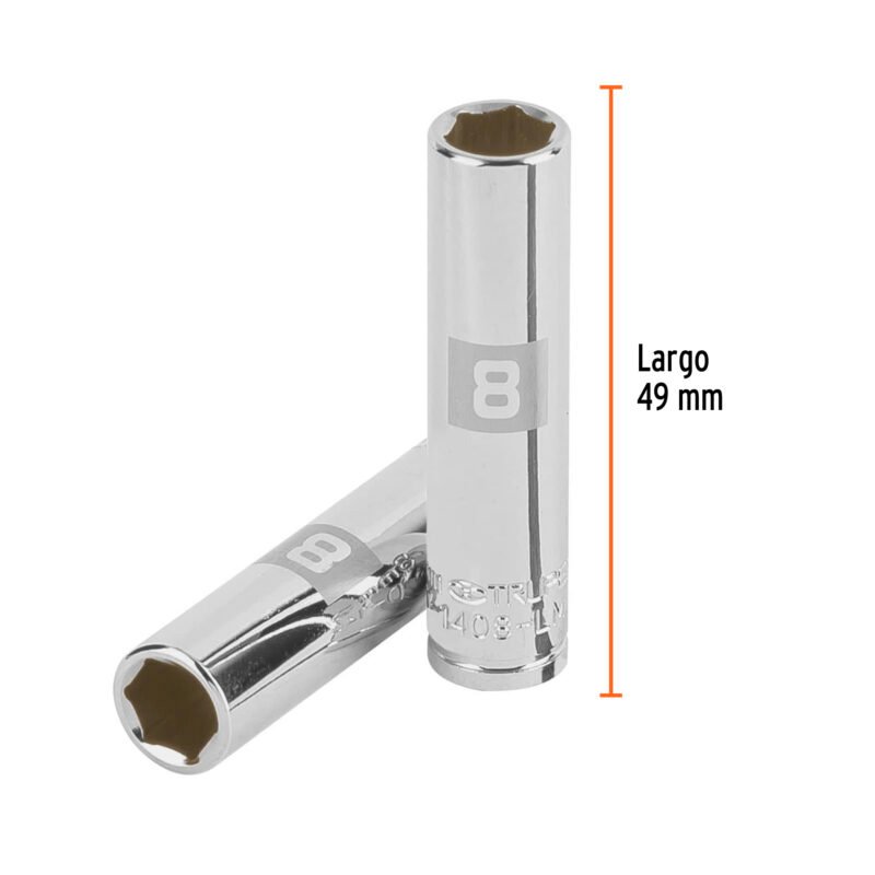 D-1408-LMFC2.jpg Código: 13202 Dado largo de 8 mm, 6 puntas, cuadro 1/4', Truper D-1408-LM