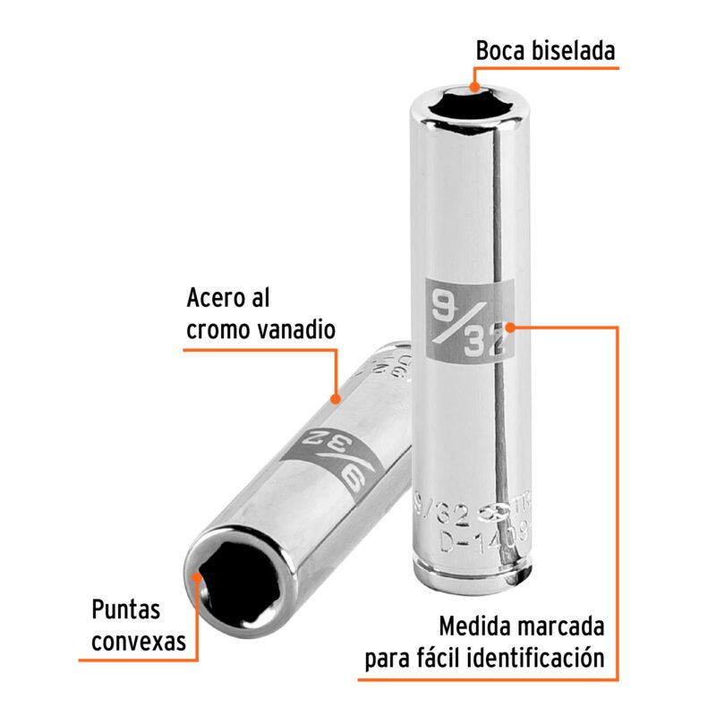 D-1409-LFC1.jpg Código: 13183 Dado largo de 9/32', 6 puntas, cuadro 1/4', Truper D-1409-L